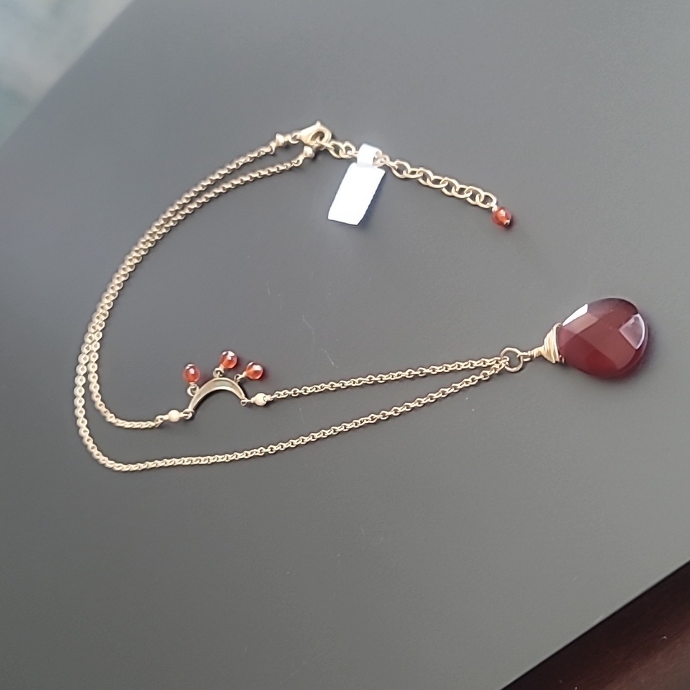 Carnelian Teardrop Pendant Necklace 14kt Gold Filled Half Moon with Dangles - Picture 5 of 8